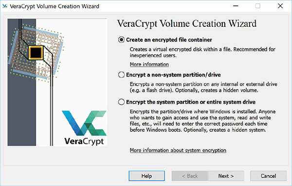 Screenshot shows VeraCrypt volume creation wizard which includes radio buttons to create encrypted file container, encrypt non-system partition or drive and encrypt system partition or entire system drive.