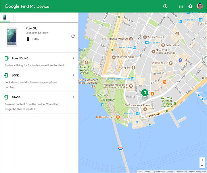 Screenshot shows Google Find My Device app page with tabs for play sound, lock and erase functions along with map displaying available stores of Pixel XL device.