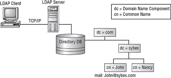 Diagram shows LDAP client connected to LDAP server by TCP/IP protocol, LDAP contains directory database which includes tree diagram depicting domain name component and common name of one mail id.