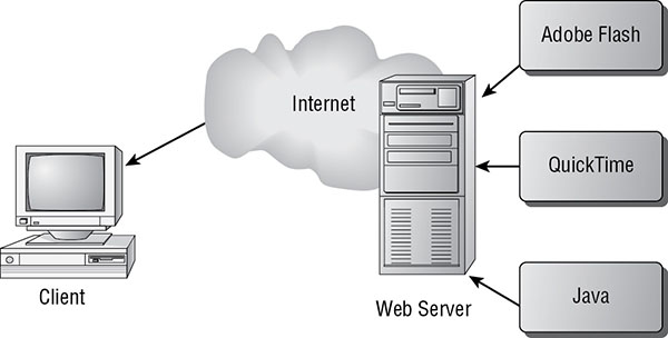 Diagram shows web server running Adobe Flash, Quick Time and Java applications connected to client machine through internet.