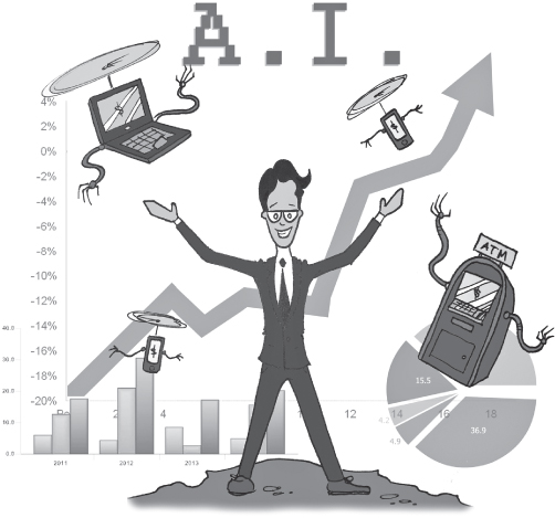 Picture illustration depicting digital revolution in computers, mobile phones, and autonomous banking by collaborating with artificial intelligence.