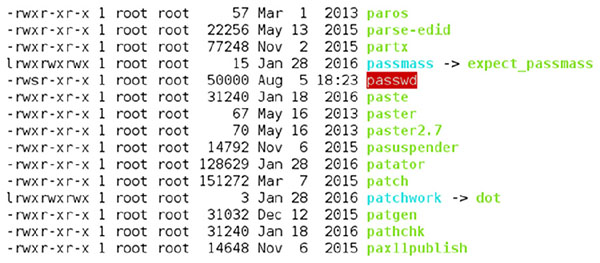 Image shows programming codes such as -rwxr-xr-x 1 root root 57 Mar 1 2013 paros, -rwxr-xr-x 1 root root 22256 May 13 2015 parse-edid, et cetera.