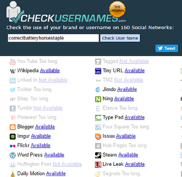 Window shows website of checkusernames.com which has search bar with text correctbatteryhorsestaple, button for check user name, and options for You Tube too long, Wikipedia available, TMZ not available, et cetera.