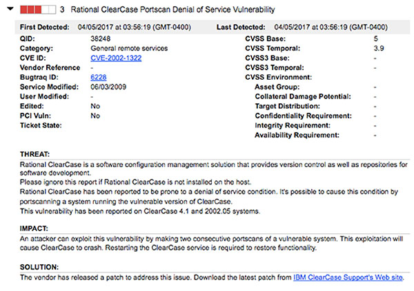 Window shows sections for 3 rational ClearCase portscan denial of service vulnerability, threat, impact, and solution, and options for first detected, last detected, vendor reference, user modified, et cetera.