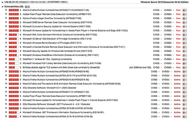 Window shows section for vulnerabilities with options for Mozilla Firefox multiple vulnerabilities (MFSA2017-05,MFSA2017-06), 5 Mozilla Firefox integer overflow vulnerability (MFSA2017-08), et cetera.