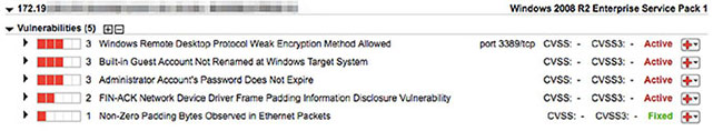 Window shows section for vulnerabilities with options for 3 Windows Remote Desktop Protocol weak encryption method allowed, 3 administrator account’s password does not expire, et cetera.