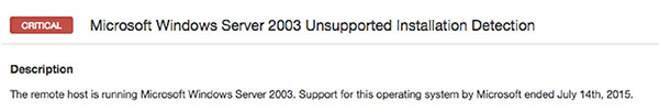 Window shows Microsoft Windows Server 2003 unsupported installation detection with section for description.