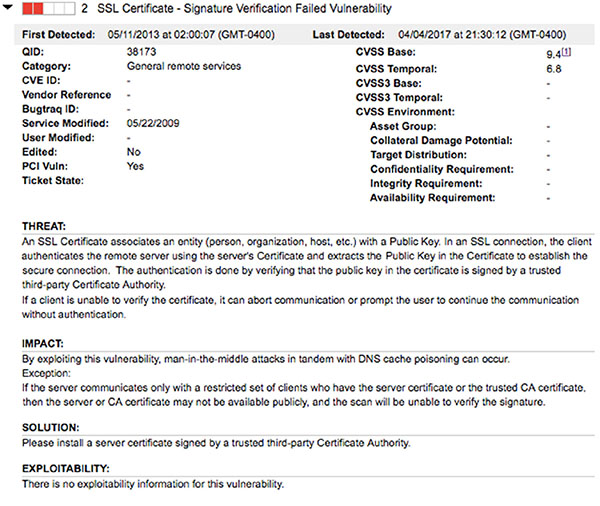 Window shows sections for 2 SSL certificate - signature verification failed vulnerability, threat, impact, solution, and exploitability, and options for first detected, last detected, vendor reference, user modified, et cetera.