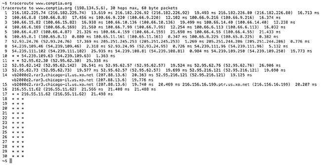 Image shows dollar traceroute www.comptia.org with programming codes which read 1 216.182.225.74, 4 100.66.6.169, et cetera.