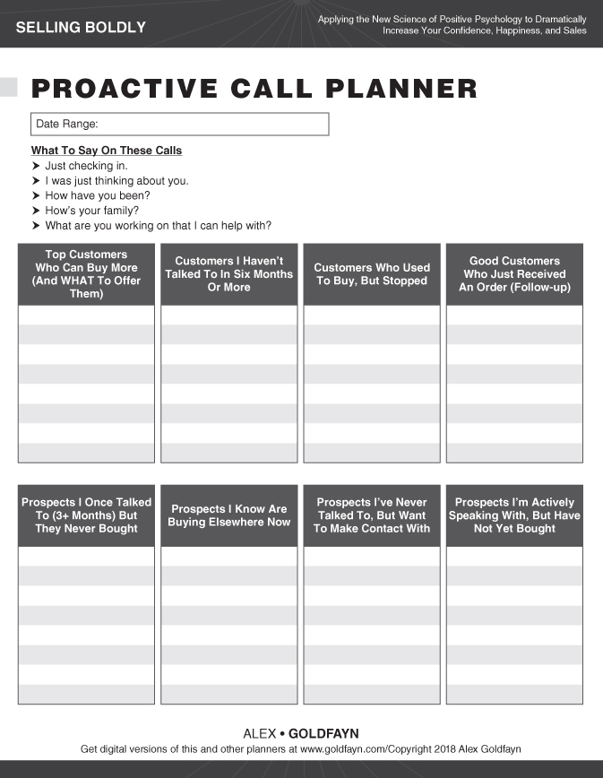 Illustration of a Proactive Call Planner, which guides on how to lay out the people one will dial up and transfer them to the “One-Page Sales Planner.”