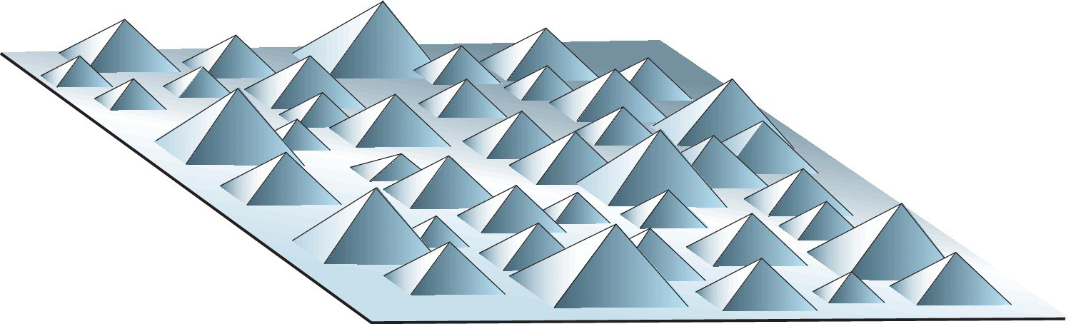 2D Illustration displaying a flat surface with multiple raised pyramids.
