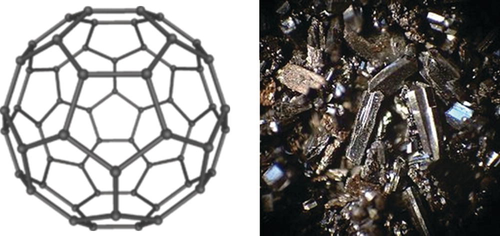The fullerene (C60) structure (left) and a photo of its crystalline form (right).