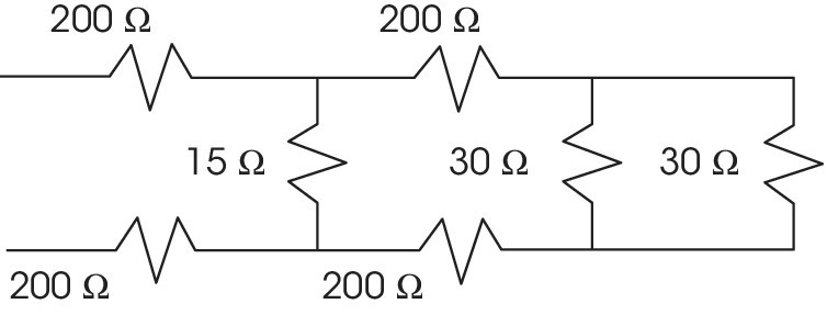 Circuit diagram with parts labeled 200 Ω, 15 Ω, and 30 Ω.