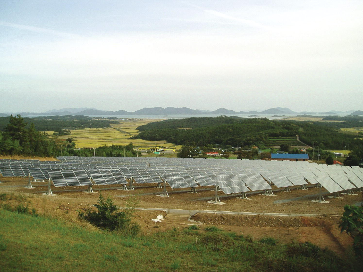 Korean solar power plant with modules mounted on horizontal single‐axis trackers.