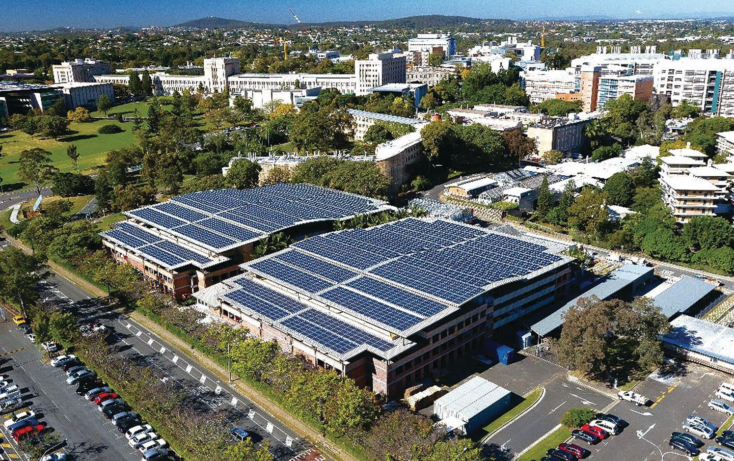 Aerial view of the 1.2 MW PV rooftop system at the University of Queensland, Australia.