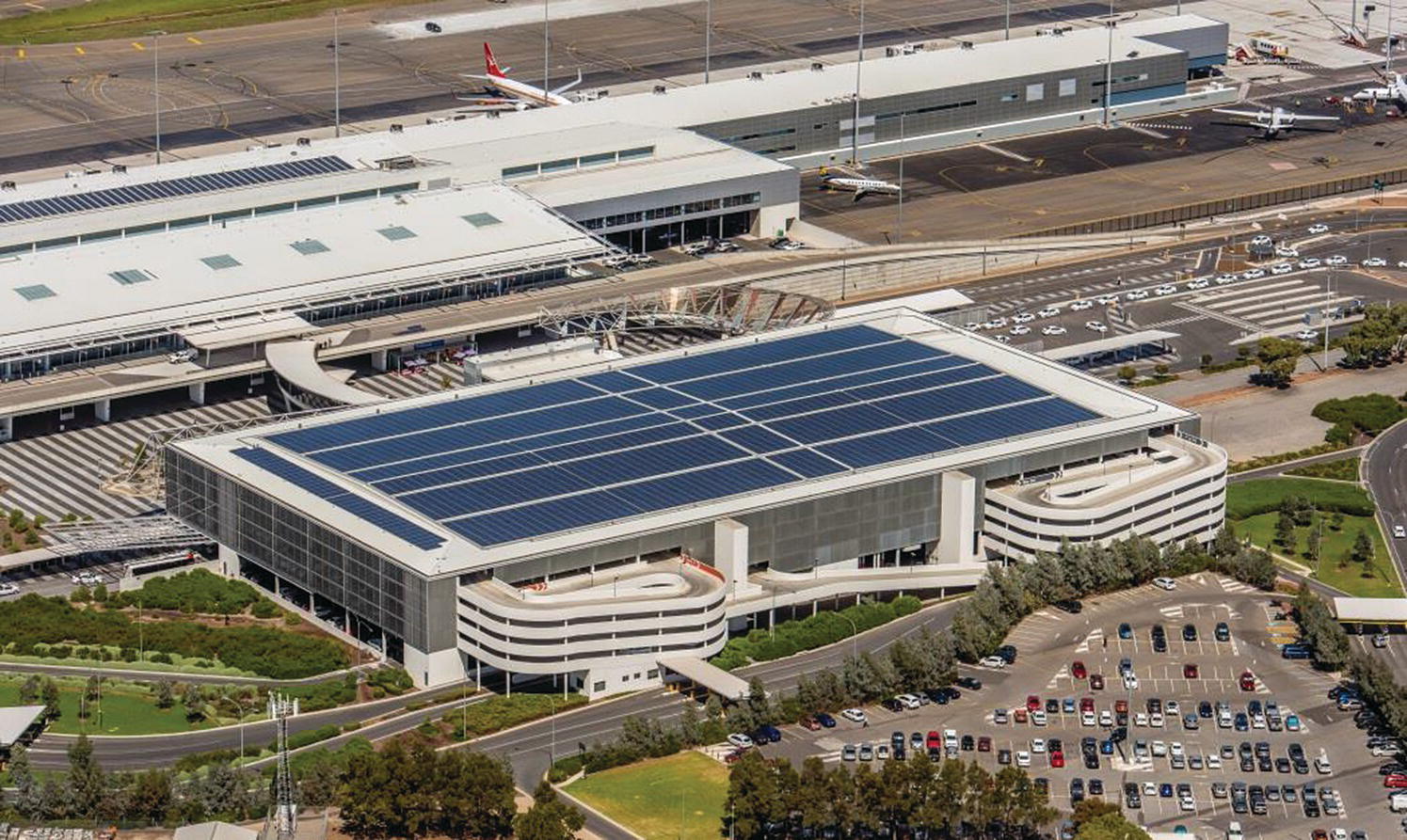 Aerial view of the 1.17 MW PV rooftop system at the Adelaide Airport, Australia.