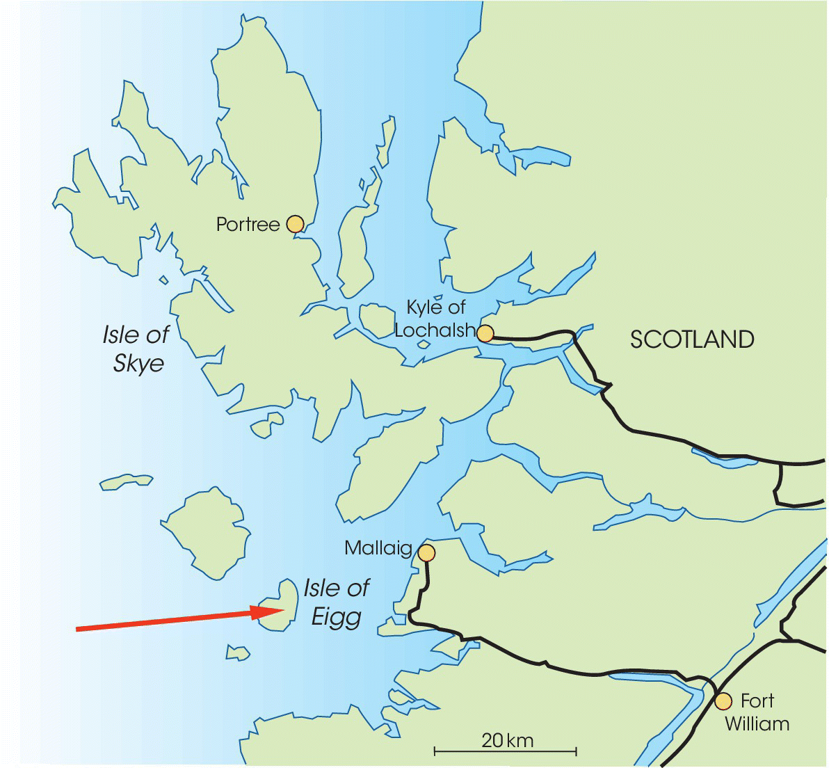 Map displaying the Isle of Eigg lying off the west coast of Scotland, with circles indicating the locations of Portree, Kyle of Lochalsh, Mallaig, and Fort William.
