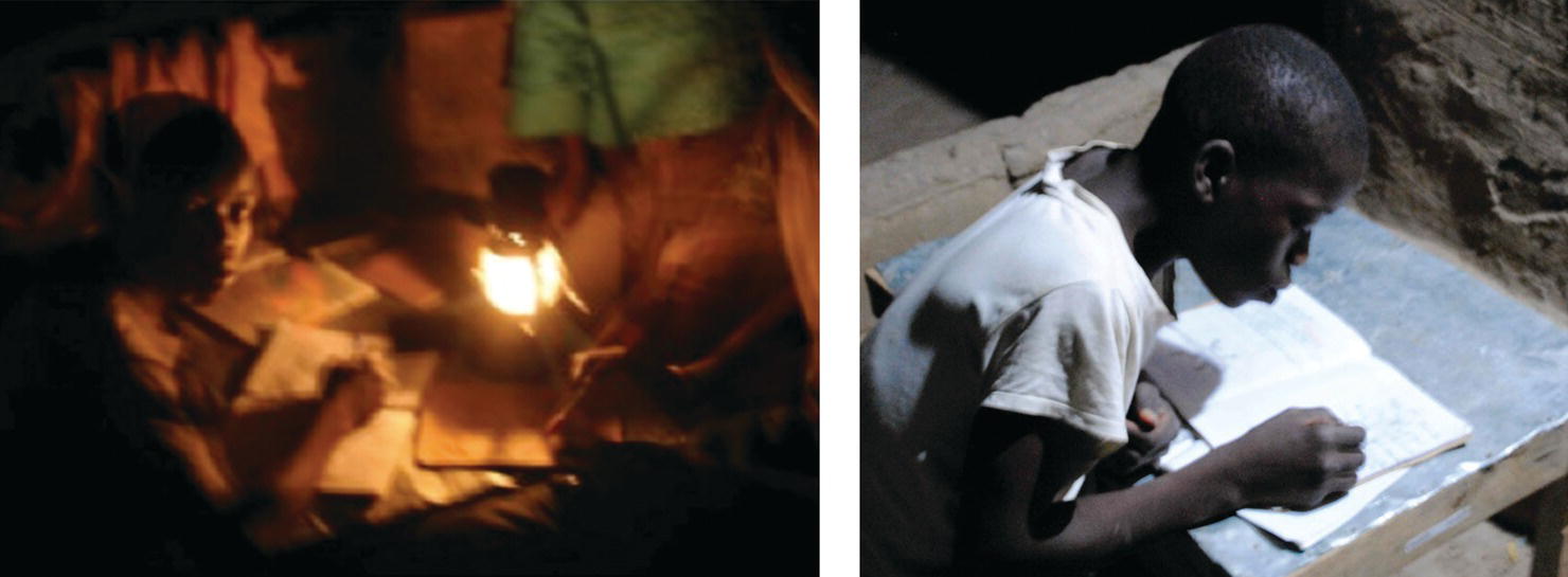 A boy studying using a kerosene lighting (left) and a boy studying using a light source powered by PV solar panels (right).