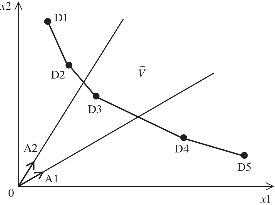 x1 versus x2 displaying two ascending lines with arrowheads labeled A1 and A2, and a descending segmented line with five points, D1, D2, D3, D4 and D5.