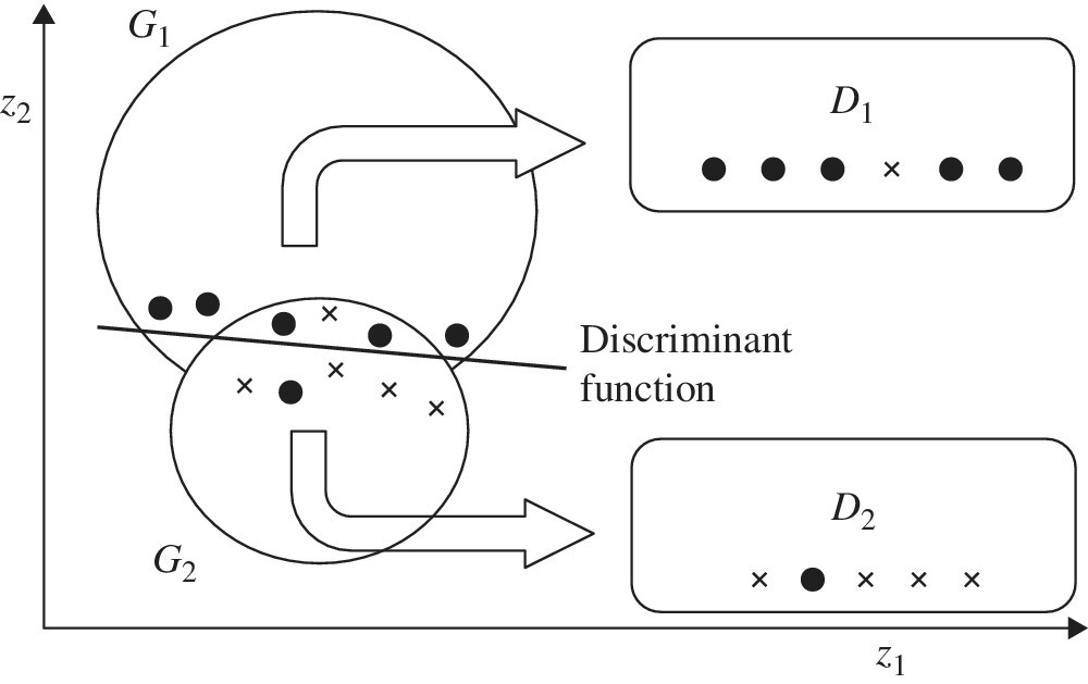 Graph of final classification at stage 2, displaying 2 overlapping circles labeled G1 and G2 pointing to boxes labeled D1 and D2, respectively. A line depicts the discriminant function in the overlap.