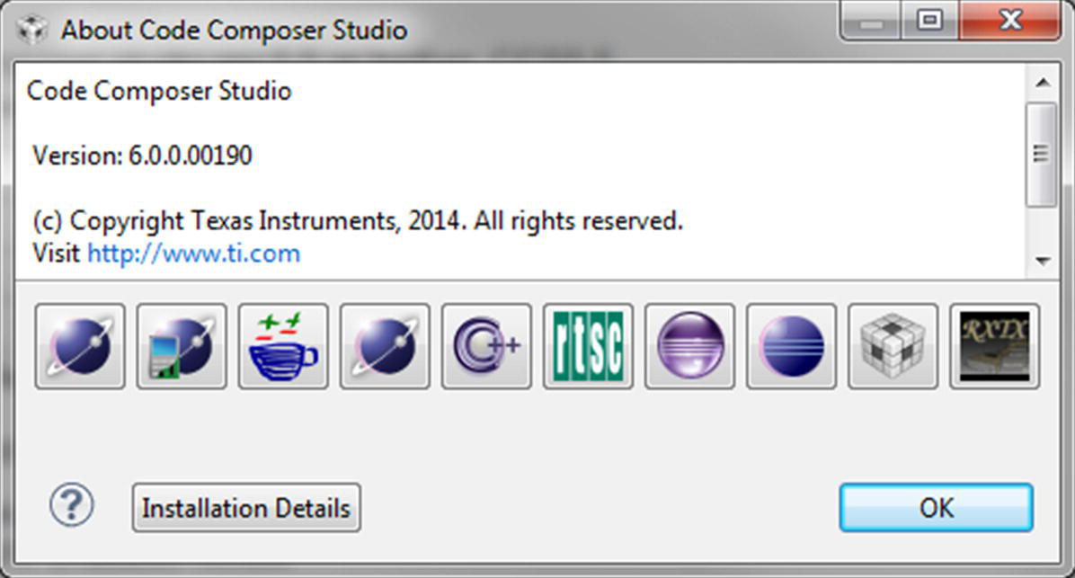 Code Composer Studio (CCS) window displaying different discrete icons under version 6.0.0.00190, with Installation Details and OK button highlighted at the bottom.