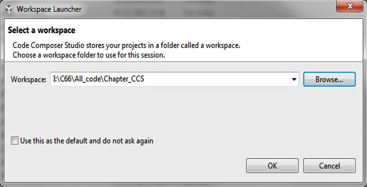 Workspace Launcher tab in selecting a workspace location displaying input “I:C66All_codeChapter_CCS” in the Workspace entry field, with Browse, OK, and Cancel button.