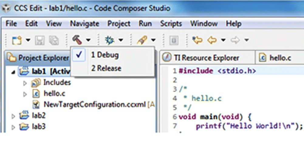 CCS Edit-lab1/hello.c - Code Composer Studio in changing the configuration option by selecting the Debug mode with Debug or Release as the default configuration.