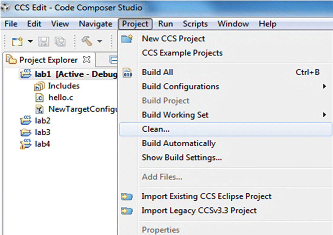 CCS Edit-lab1/hello.c - Code Composer Studio in building types by configuring the Project tab and highlighting the Clean part.