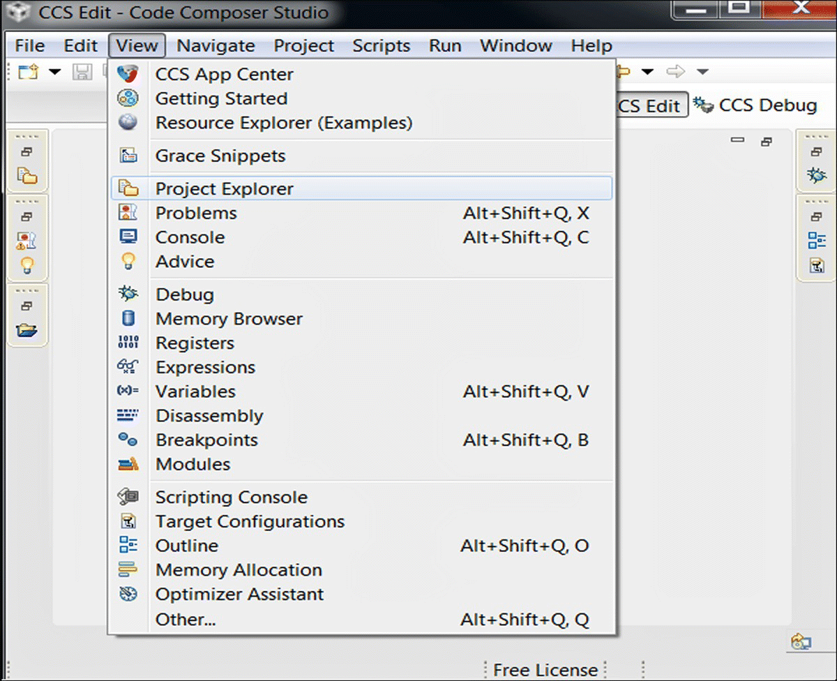 CCS Edit-lab1/hello.c - Code Composer Studio in View functions by selecting View tab then to Console, with Project Explorer being highlighted.