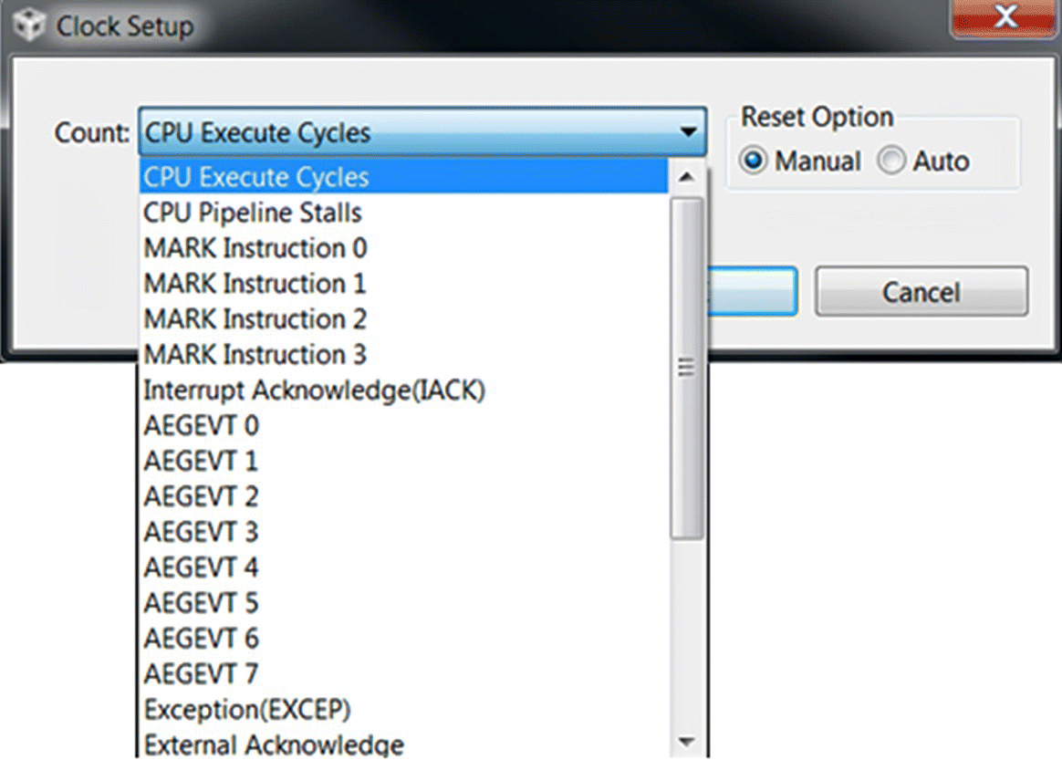 Clock setup window displaying different entry names, selecting the CPU Execute Cycles in Count Entry field.