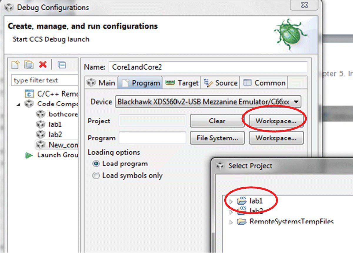 Debug Configurations window in setting by project location displaying the Program tab with entry fields for Project and Program, selecting the Workspace with a pop up labeled lab1 and lab2 depicted by an ellipse.