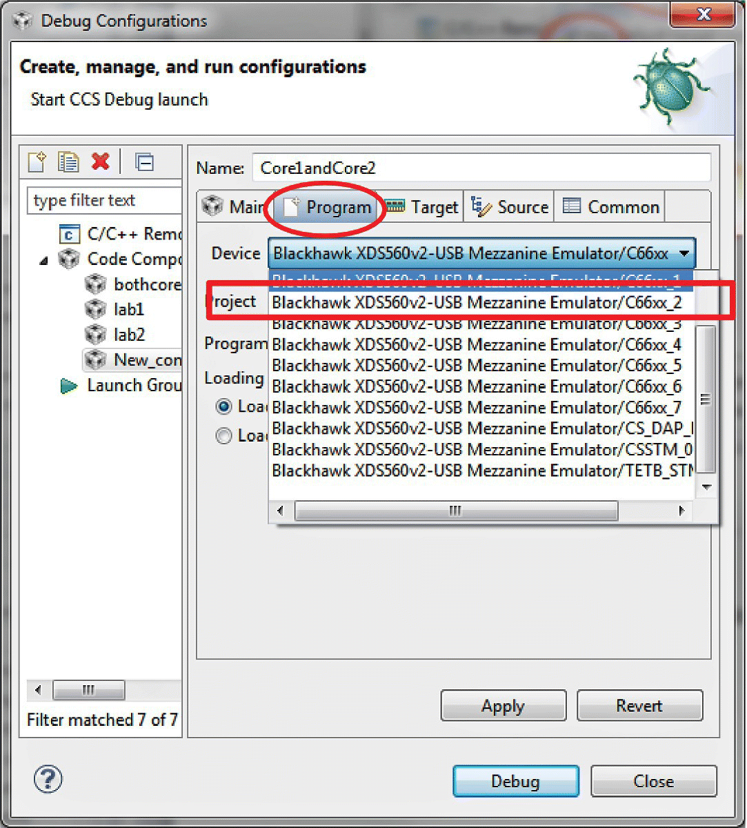 Debug Configurations window in setting Core 2 by selecting the Program tab depicted by an ellipse, highlighting the second code with Apply and Revert; Debug and Close button at the bottom.