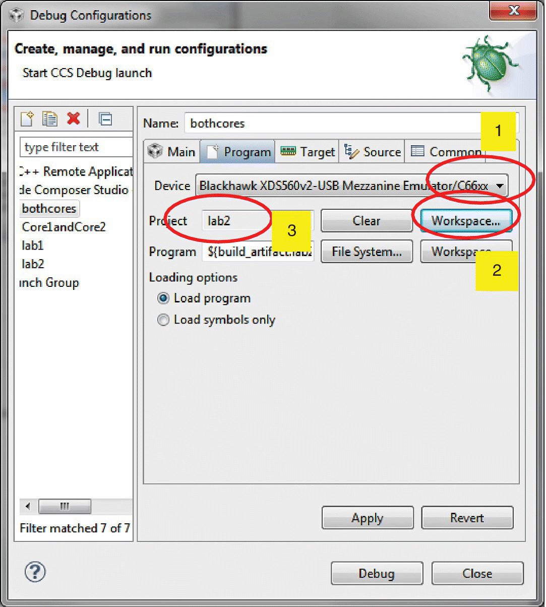 Debug Configurations window in setting for the second project displaying the Program tab and by clicking the dropdown arrow under Device, and selecting lab2 and Workspace depicted by ellipse under Project.