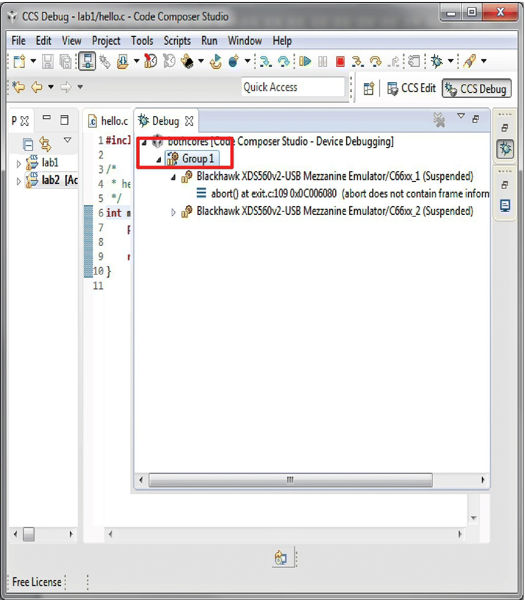 CCS Debug - lab1/hello.c - Code Composer Studio window in grouping the cores with hello.c and debug tab displaying the dropdown list and selecting the Group 1 depicted by a rectangle.