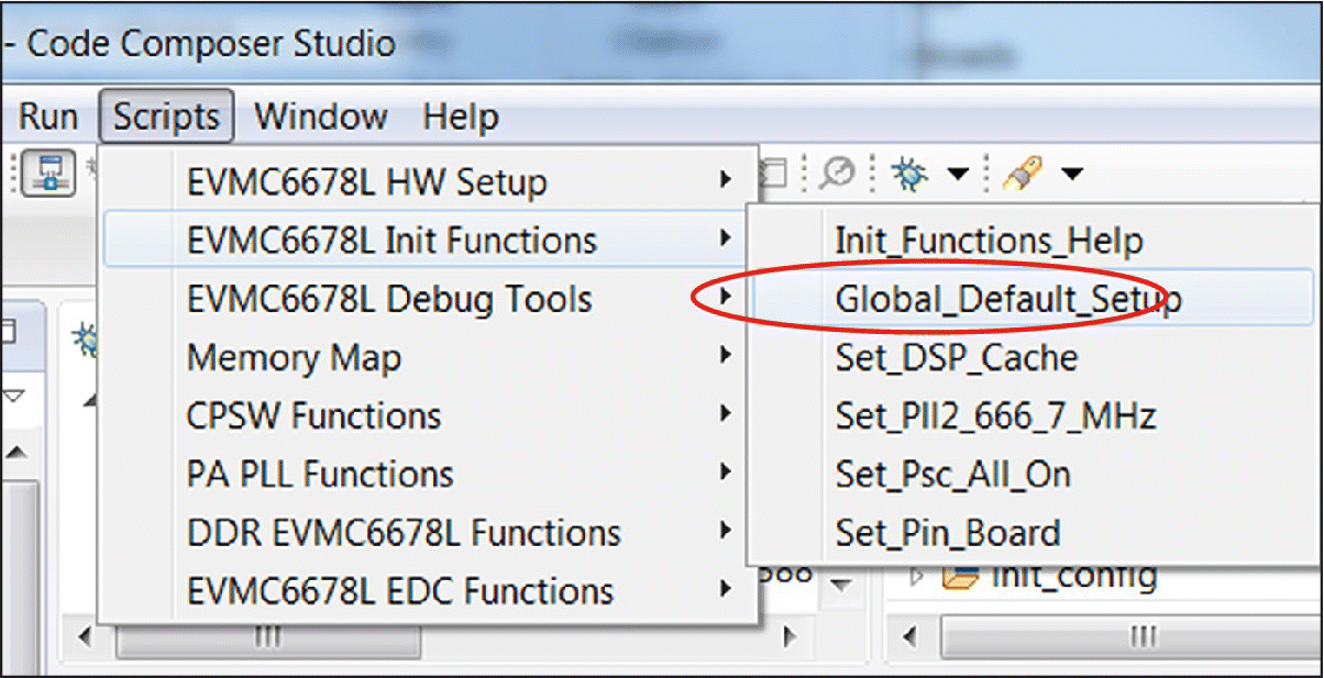 Code composer studio window with selected scripts tab displaying Global_Default_Setup (encircled) under EVMC6678L Init functions.