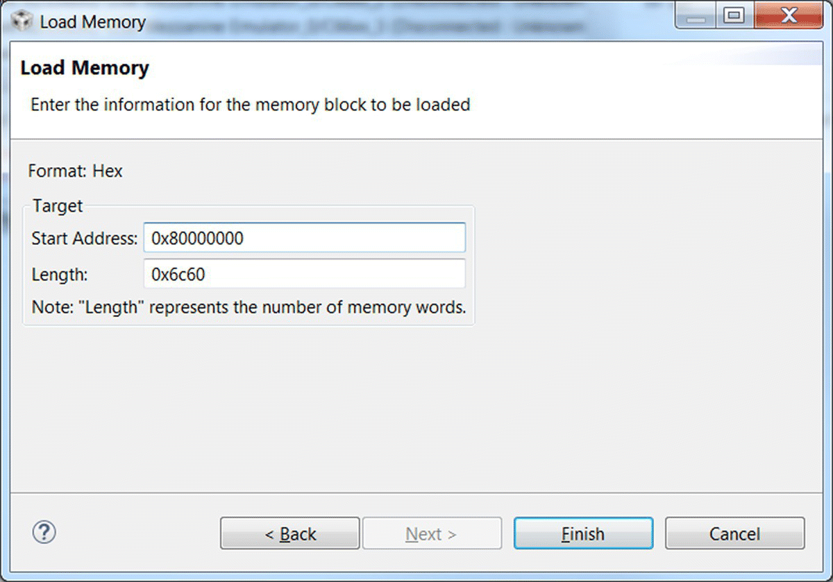 Load memory window displaying data entry fields for start address and length with buttons for Back, Next, Finish, and Cancel.