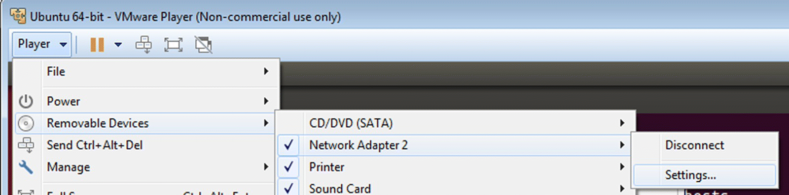 Ubuntu 64-bit-VMware Player (non-commercial use only) window displaying the items under player and items under removable devices such as CD/DVD (SATA), network adapter 2, and printer.