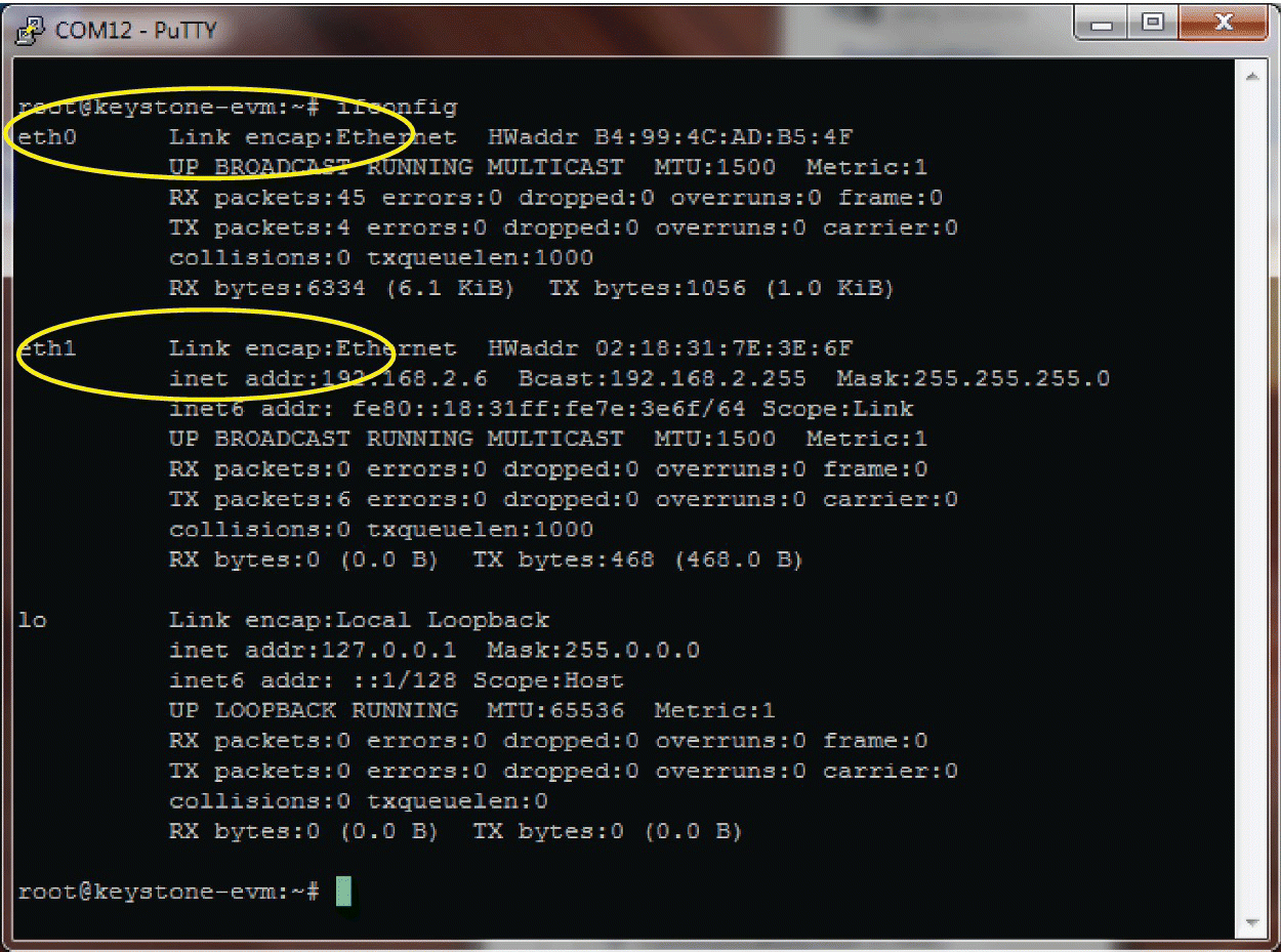 COM12-PuTTY window displaying encircled codes in using ipconfig to check the IP addresses.