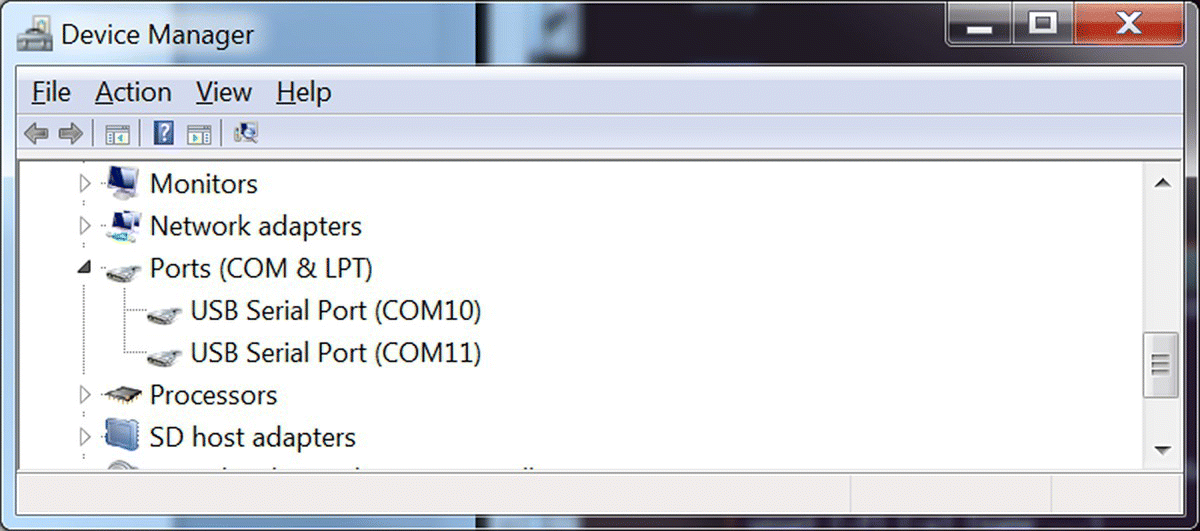 Device manager window displaying USB Serial Port (COM10) and USB Serial Port (COM11) under Ports (COM & LPT).