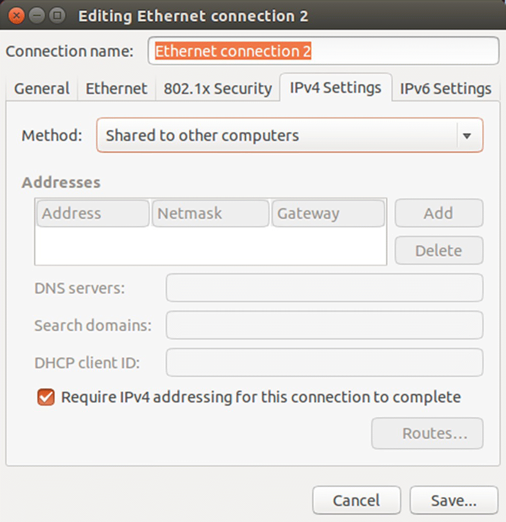 Editing Ethernet connection 2 window displaying data entry field for connection name and selected IPv4 settings tab with method drop-down bar.