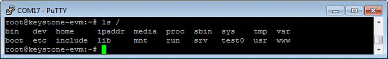 COM17 – PuTTY window displaying created directory test0 terminal.
