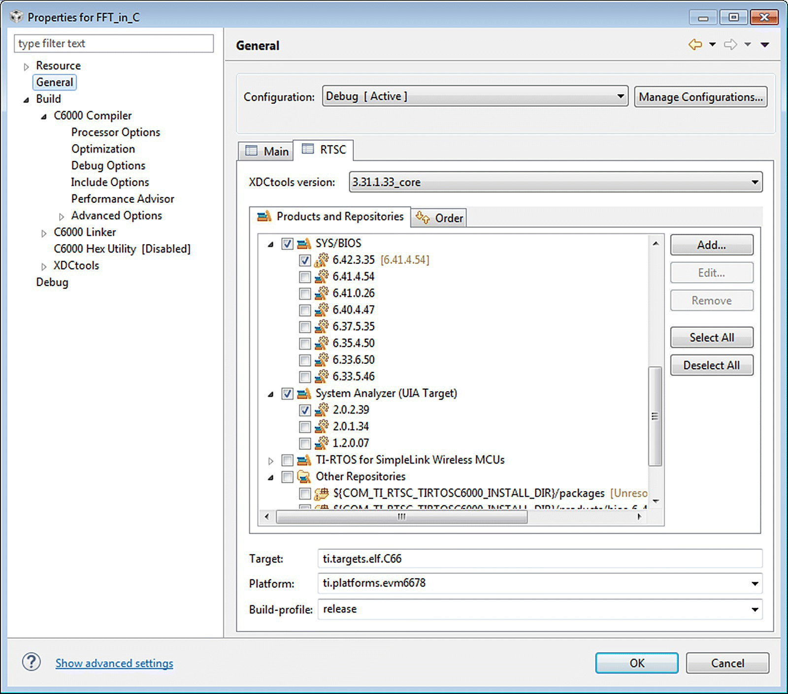 Window with a title bar “Properties for FFT_in_C” displaying the Real-Time Software Components (RTSC) derived from the general configuration toolbar.