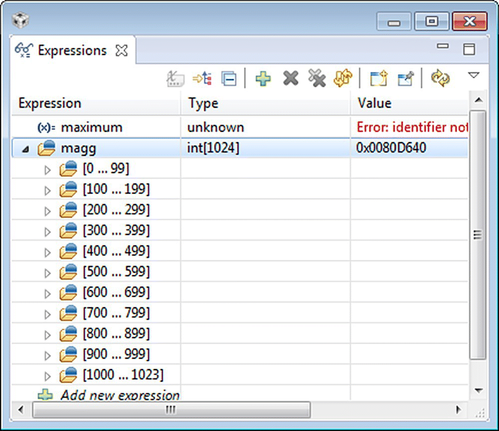 Window displaying the buffer holding the magnitude magg with 3 columns for expression, type, and value.