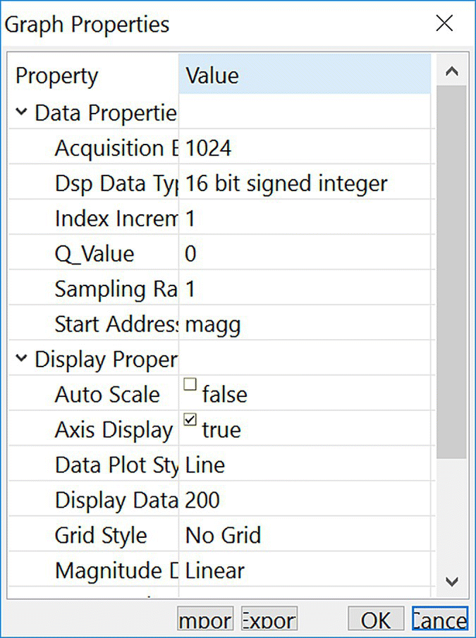Window with a table containing the properties used to display the input data in the array magg, with two columns for property and value.