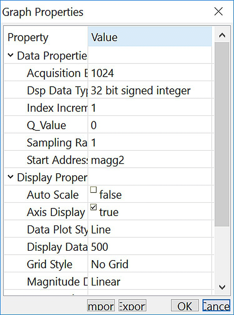 Window with a table containing the properties used to display the input data in the array magg2, with two columns for property and value.
