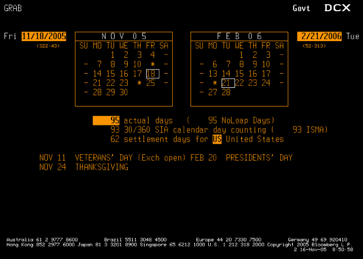 Screenshot illustration of the Bloomberg screen DCX used for a US dollar market, 3‐month loan taken out for value 18 November 2005.