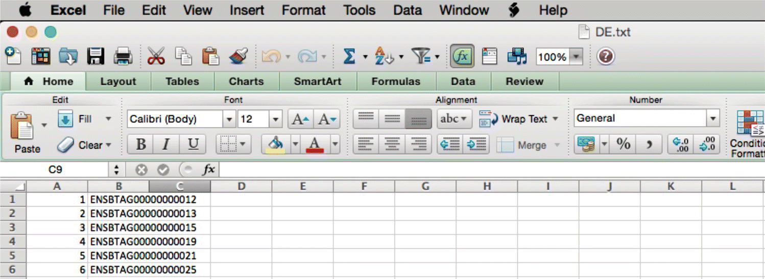 Excel file displaying significant DE genes.