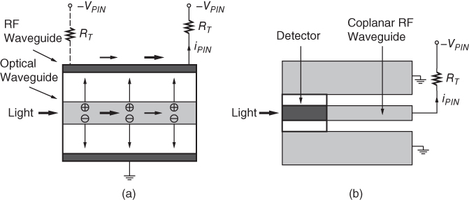 Scheme for Traveling-wave p-i-n photodetector: (a) cross-sectional view and (b) top view.