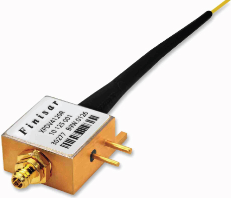 Photo of packaged 100-Gb/s waveguide p-i-n photodetector with biasing network and single-mode fiber pigtail.
