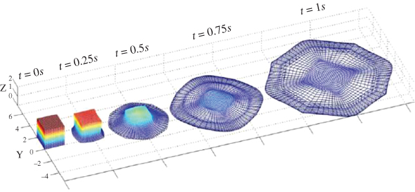 Illustration of ANCF total Lagrangian fluid simulation.